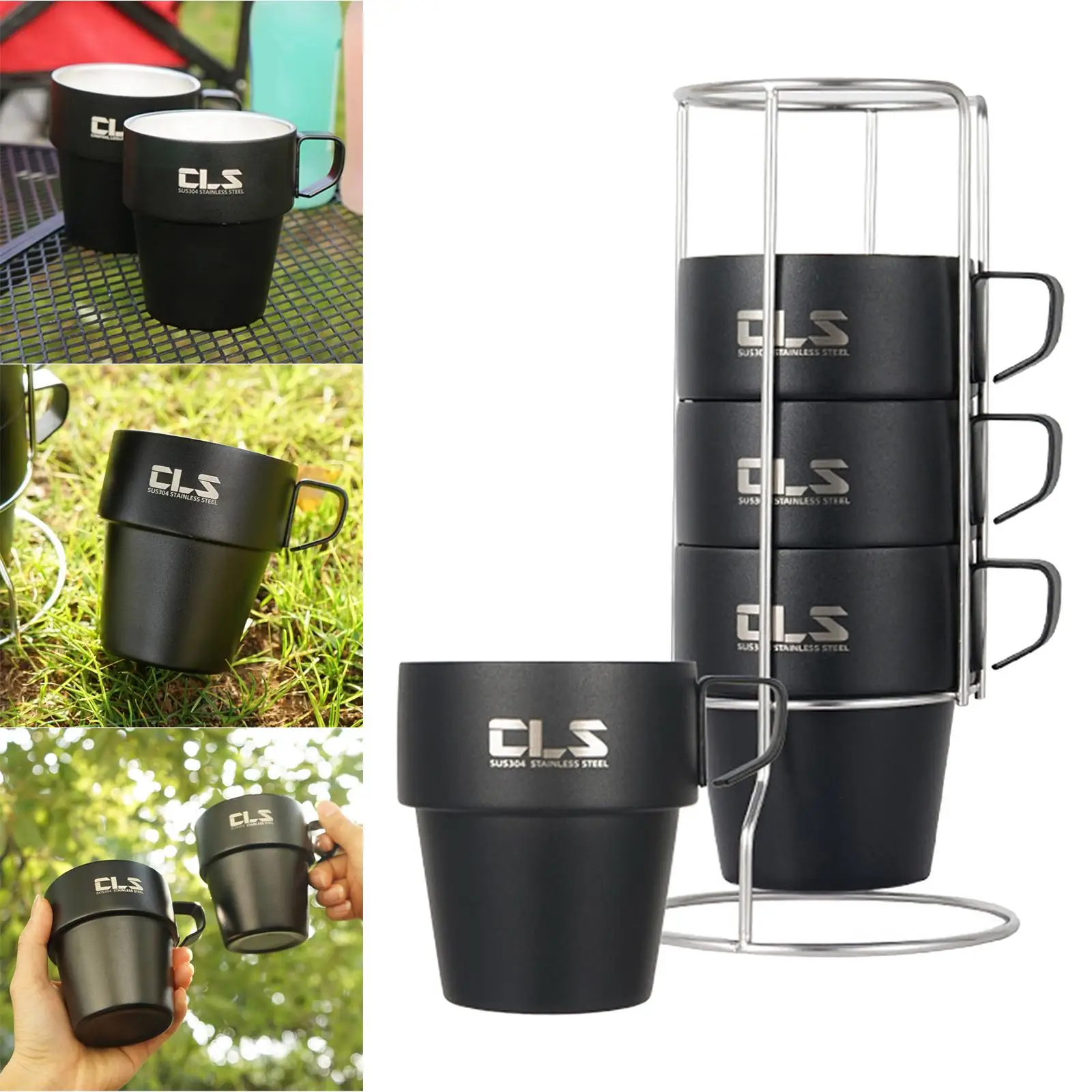 4x Double Cups Durability with Cup Holder Milk Cookware for Mountaineering