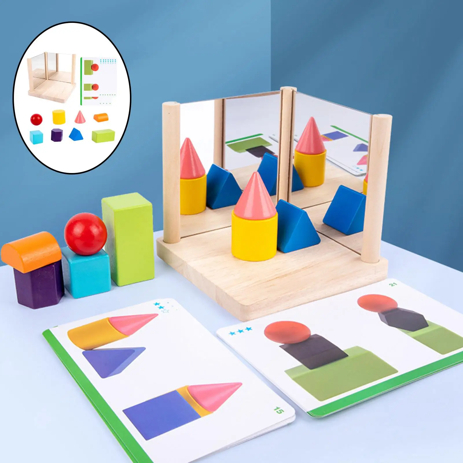 8Pieces 3 Wooden Mirror Blocks with 11 Cards Building Early Educational Development Montessori Training Interactive  Toys 