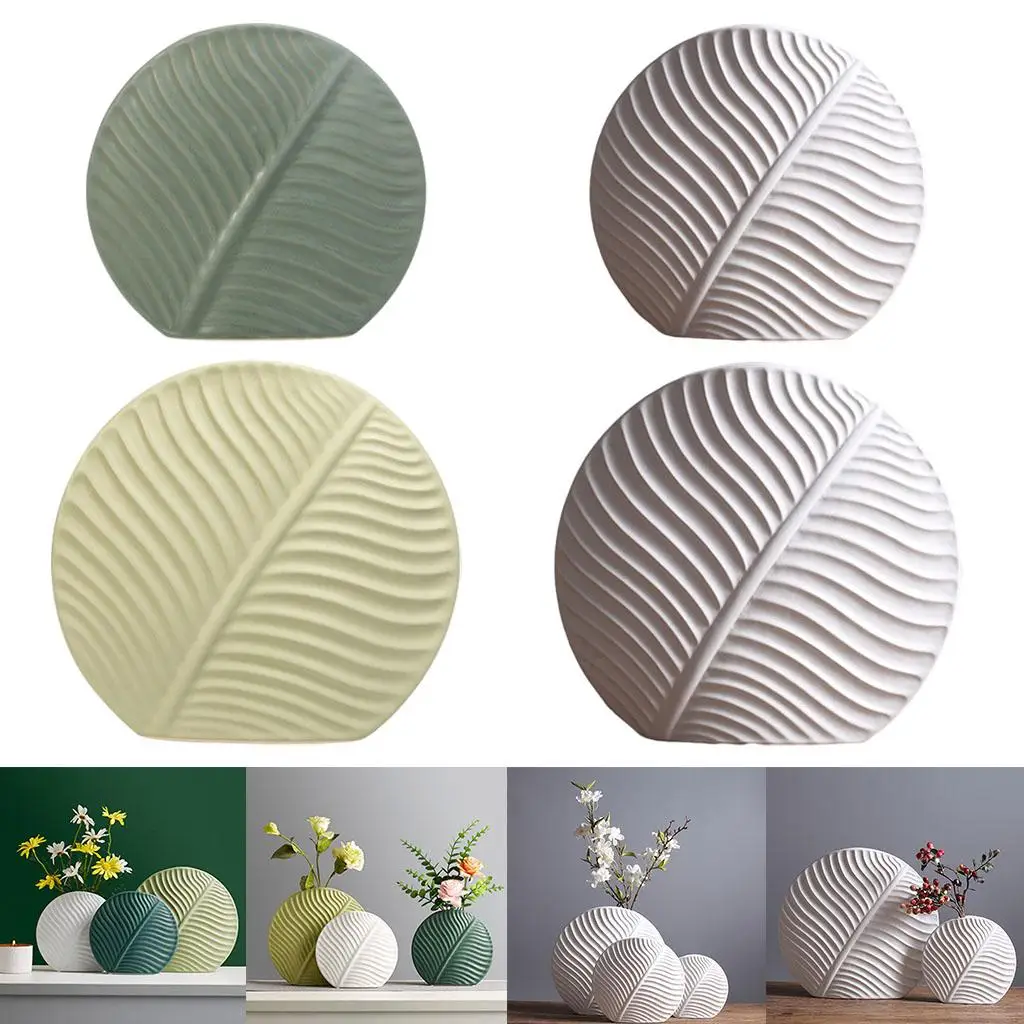 1pc Nordic Ceramic Round Leaves Flower Vase Bookshelf Desktop Decoration Ornamnet Gifts
