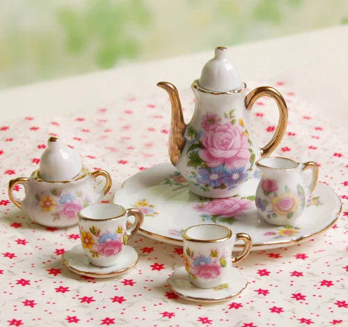 NEW ARRIVAL Children`s Classic Toys 8pcs Dollhouse Miniature Dining Ware Porcelain Tea Set Dish Cup Plate -Pink Rose  HOT SALE