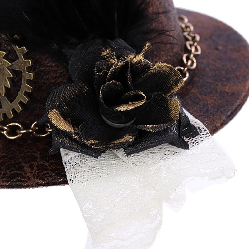 Frauen Mädchen Vintage Mini Top Hut Steampunk Haar Clip Gears Feder Goth Headwear – Detail 4