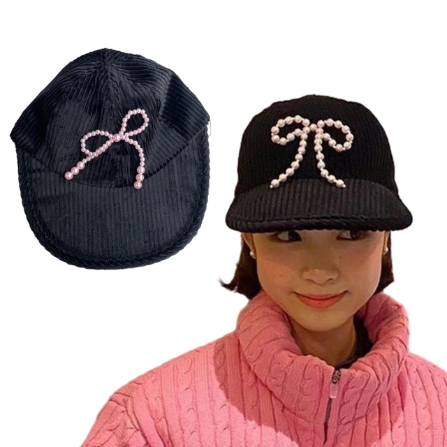 Women Pearl Bowknot Baseball Cap Autumn Winter Teens Girl Corduroy Sunproof  Hat Lady Casual Outdoor Sports Walking Shopping Hat