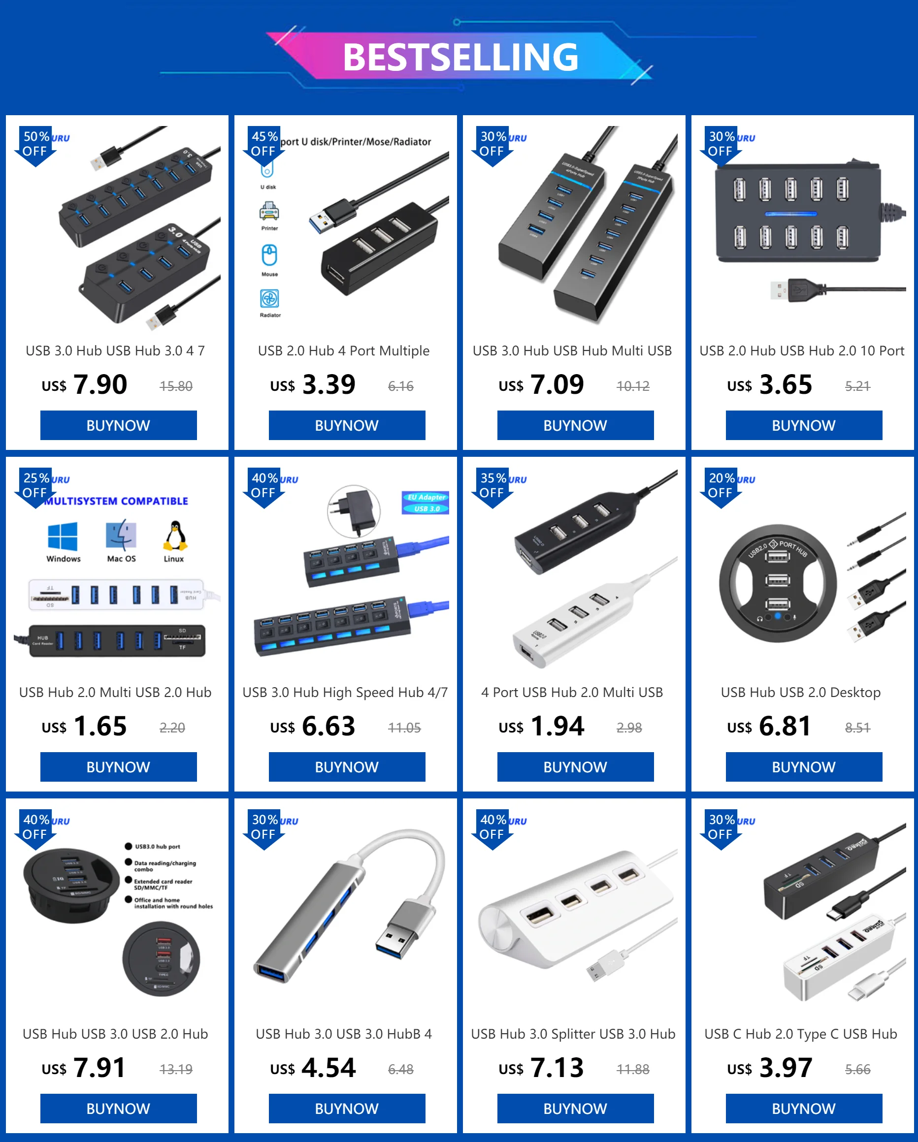 Una colección de concentradores y adaptadores USB, que son dispositivos que se utilizan para ampliar la cantidad de puertos USB disponibles en una computadora u otro dispositivo. Cada artículo se muestra con su nombre, precio y un botón Comprar ahora, que indica que están a la venta.