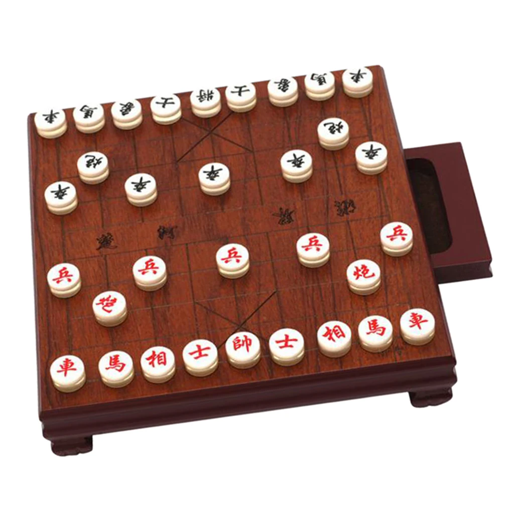 Traditional Xiang Qi Wooden Chinese Chess Board Checker  with Drawer Box And Chess Pieces, Travel  for Family