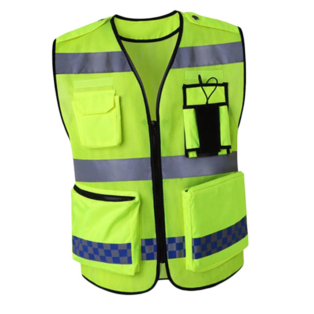 Multi Pockets High Visibility Zipper Front Safety Vest With Reflective Strips, Premium Style-D