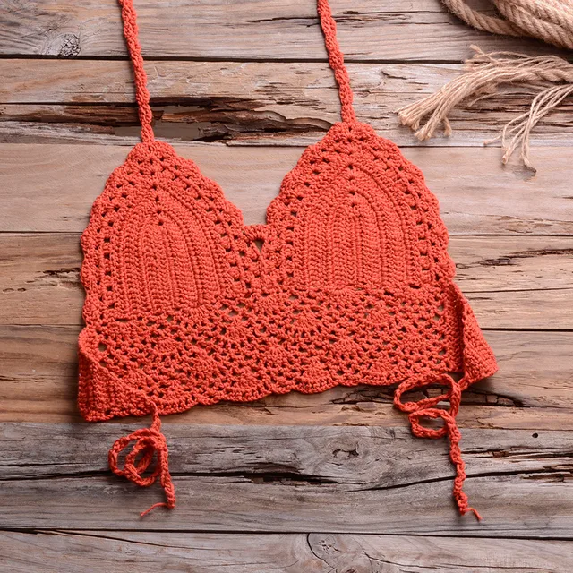 Handmade Crochet Lace Knit Bra, Biquíni Praia Boho, Parte superior