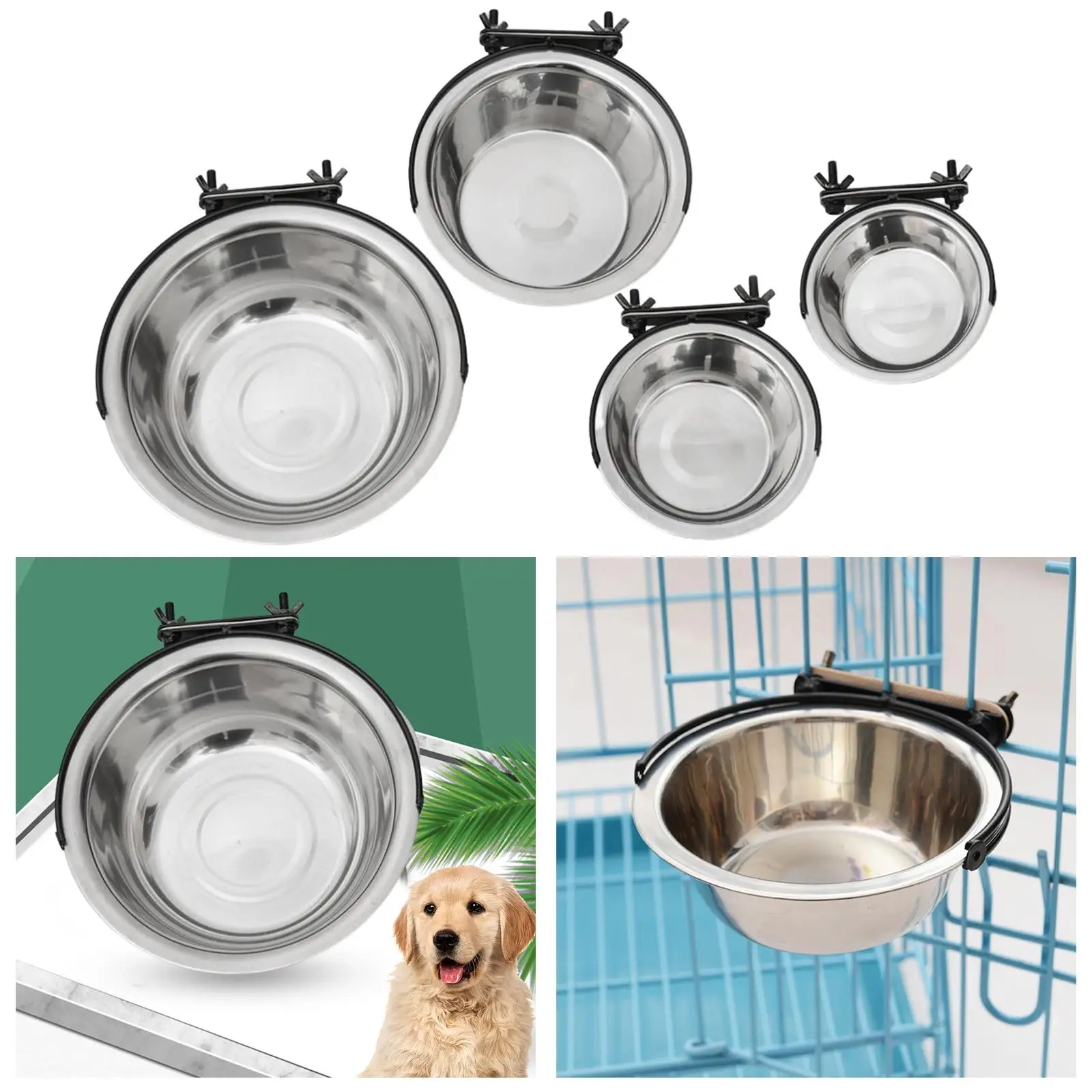 Hanging Pet Bowl Pet Feeding Dish Bowl Stainless Steel with Fixed Bowl Card Slot Cage Water Dish Non Spill Dog Bowls for Rabbit