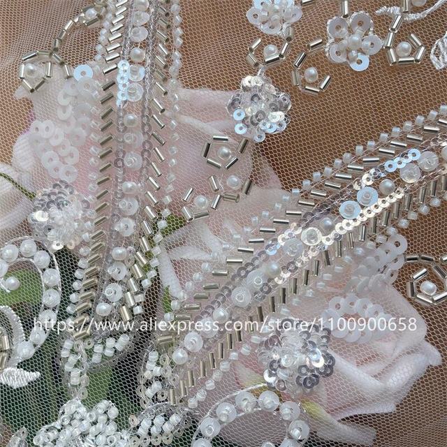 L22-450 // beaded floral lace fabric/ bridal flower couture lace fabric with beads and sequins/ bridal lace 2024 with flowers