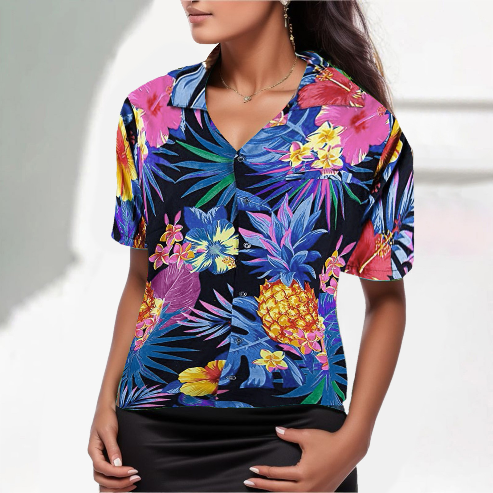 Title 1, Women Hawaiian Shirts Tropical Floral Pineapple...