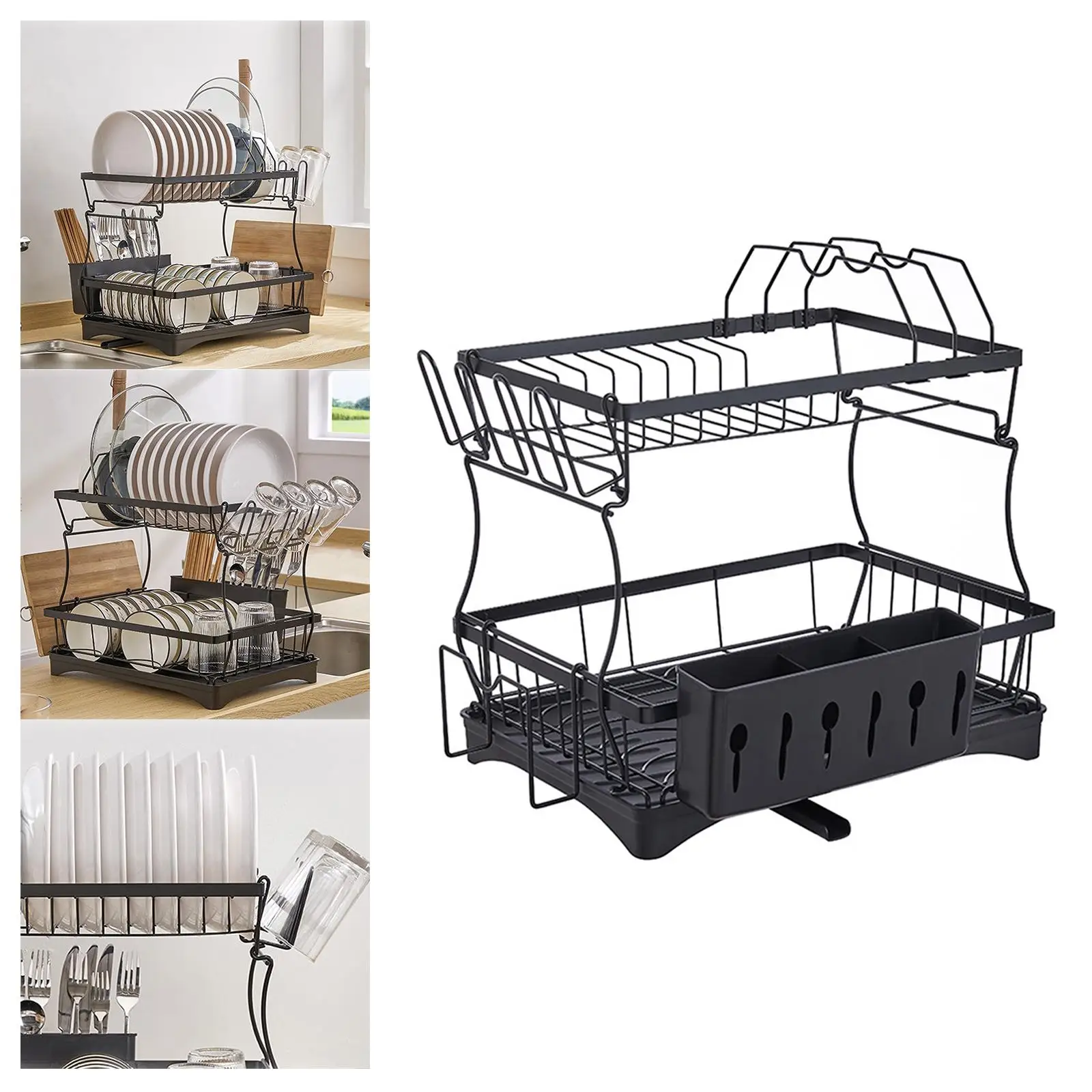 2 Tiers Dish Drying Rack with Drainboard Utensils Holder for Restaurant Countertop