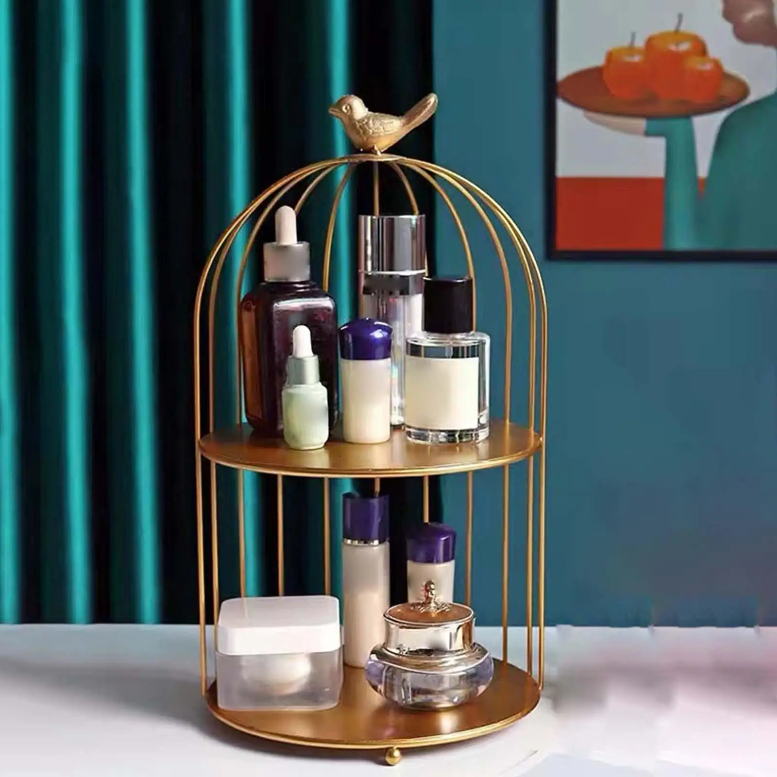 Nordic Metallic Bars Make up Bird Cage Storage Jewelry Holder Cosmetics Display Cupcake Stand for Dresser Girl Necklace Earring