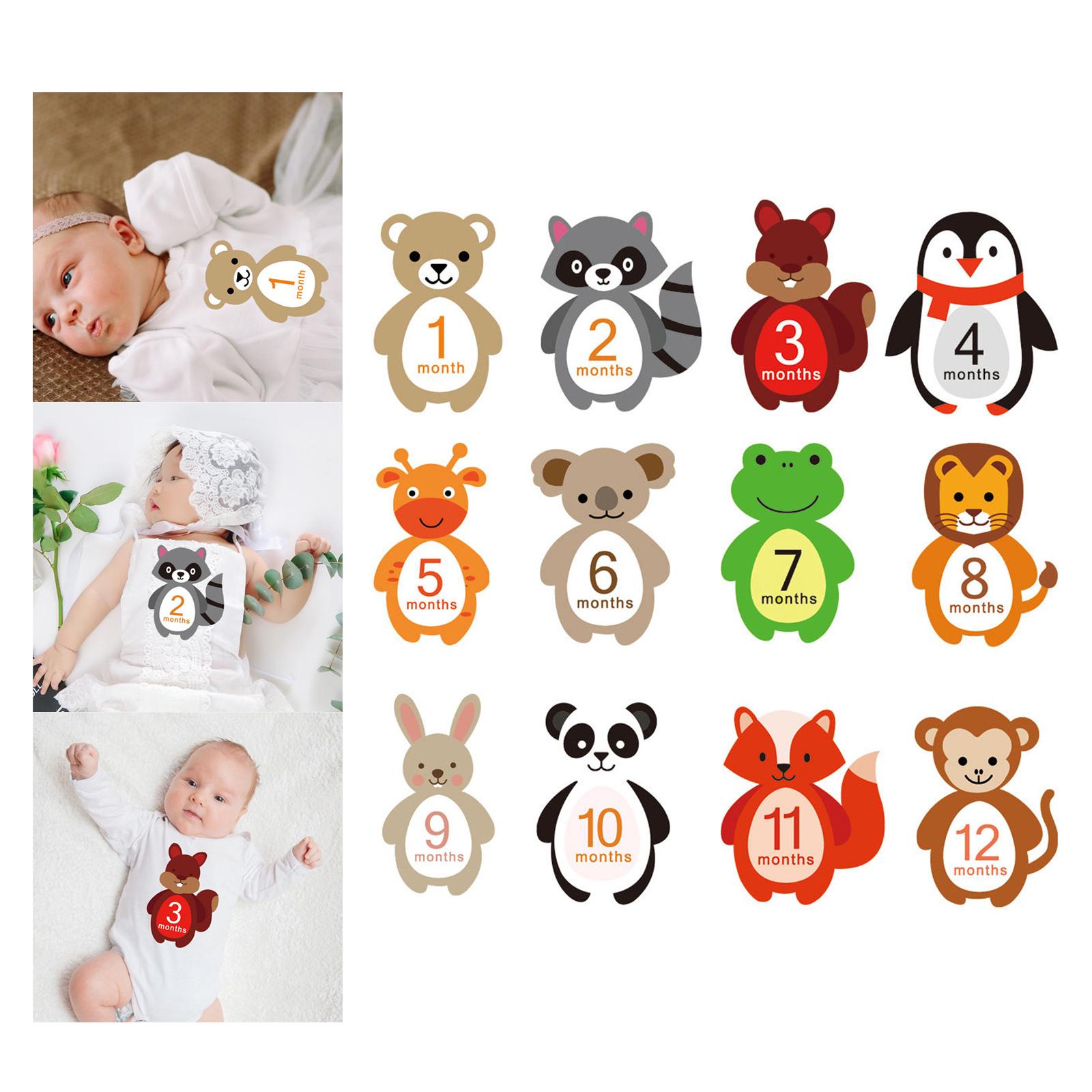 12 Pieces Bby Monthly Stickers Crtoon niml Shped Milestone Stickers Gender Neutrl 1-12 Month Posing Props Bby Shower