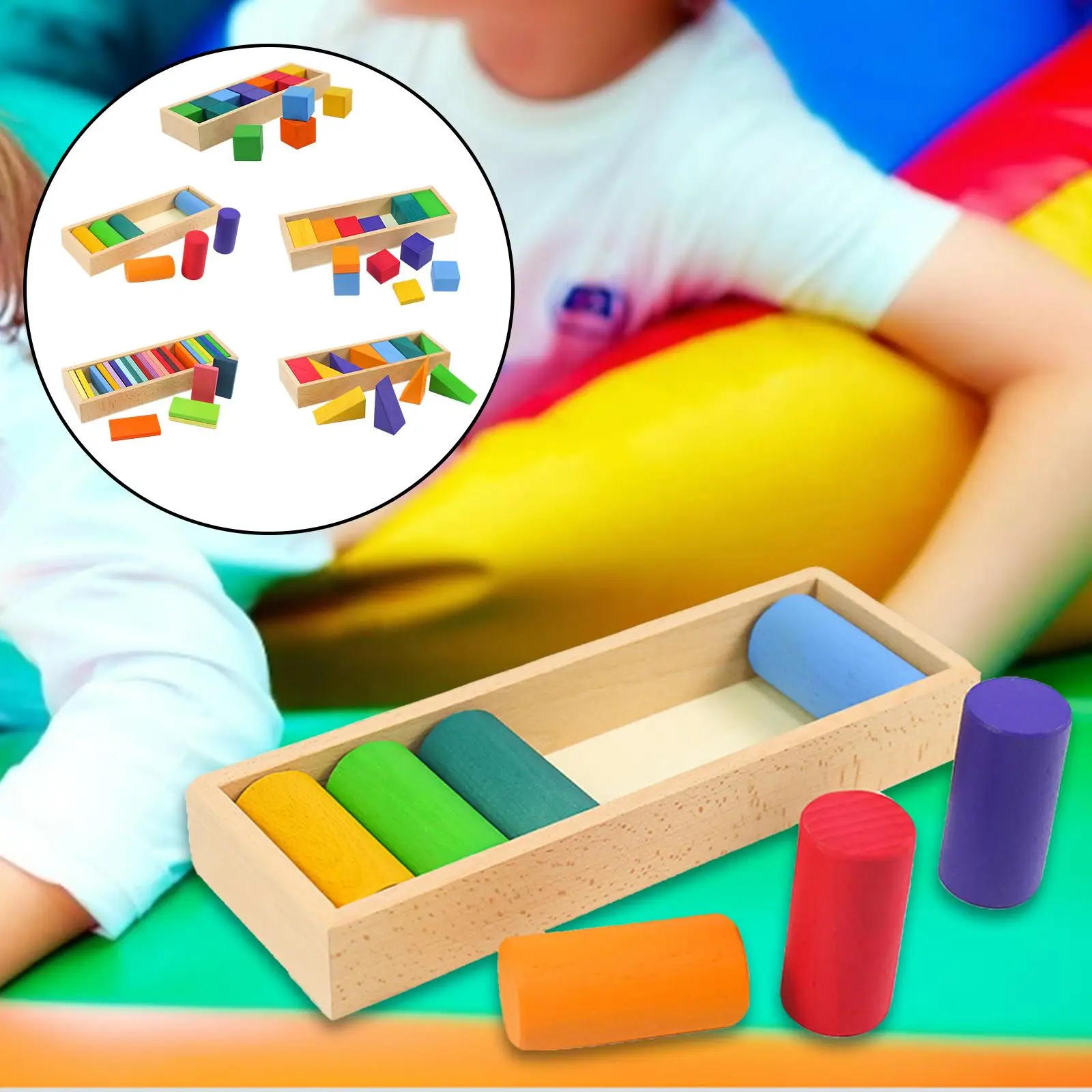 Kids Wooden Building Blocks with Storage Case Rainbow  Block for Boys  Wooden  Toy