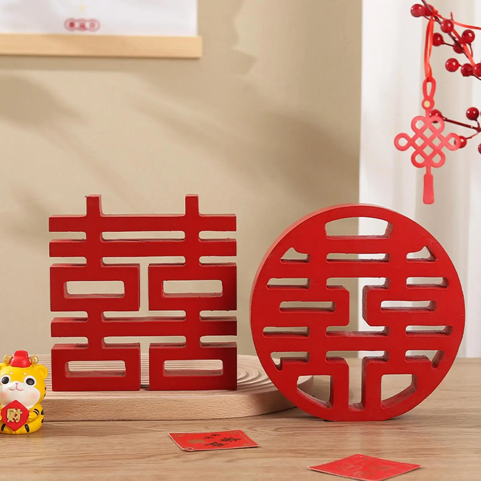 Tradition Chinese Red Happy, Wall Table Wooden Ornaments Living Room Decor DIY Creative Exquisite Engagement Sculpture Portable
