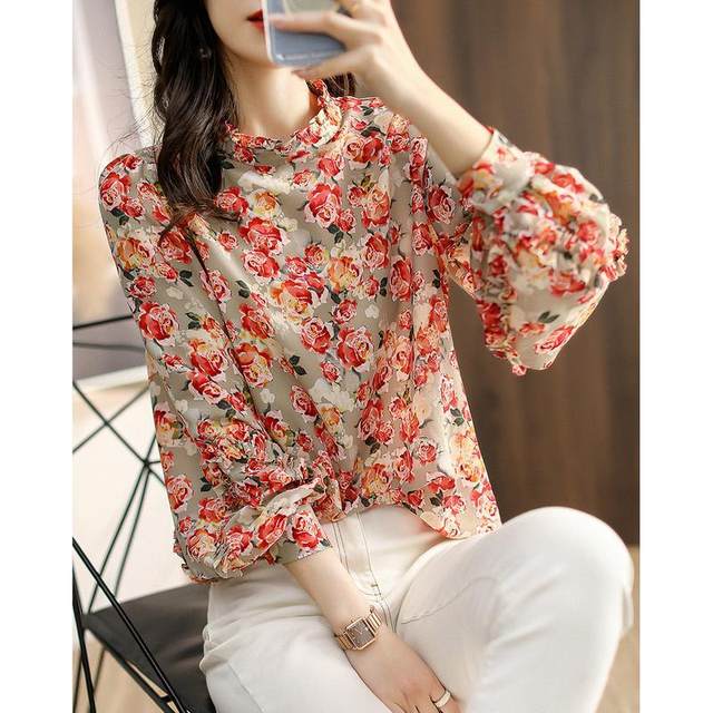 Retro Floral Print Elegant Chic Sweet Ruffle Shirts Spring