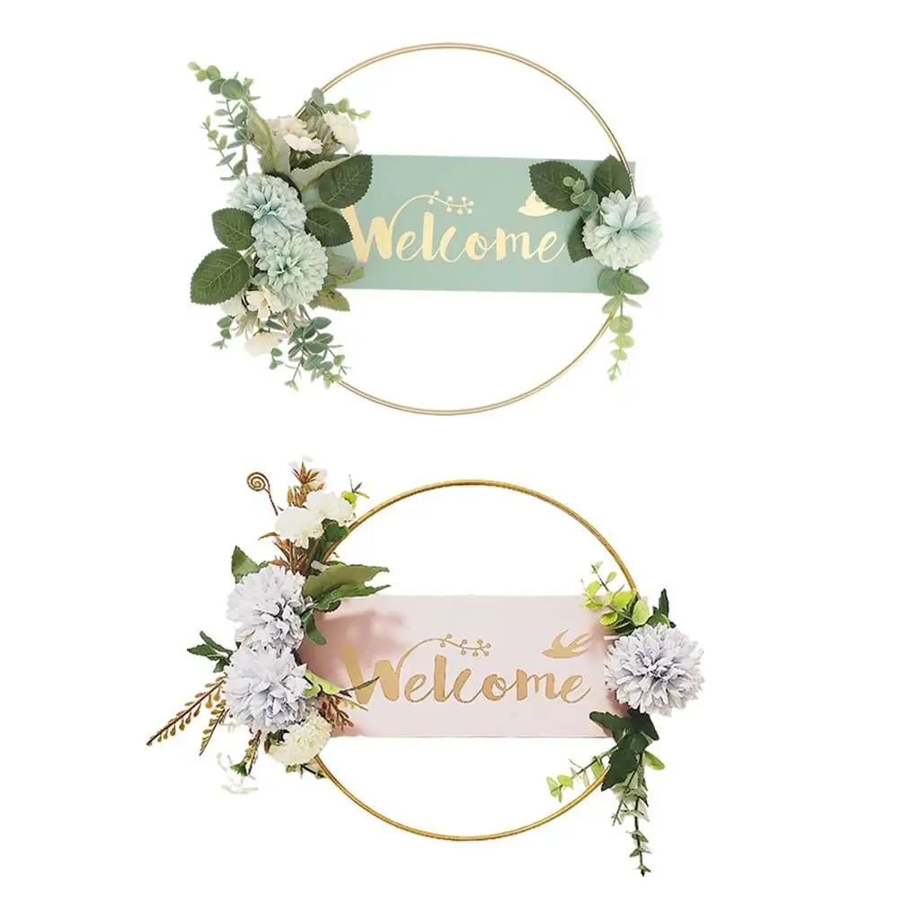 Welcome Sign Flower Wreath Front Door Garland with Green Leaves Decor Wall Home Summer Spring Fall Indoor/Outdoor Ornament