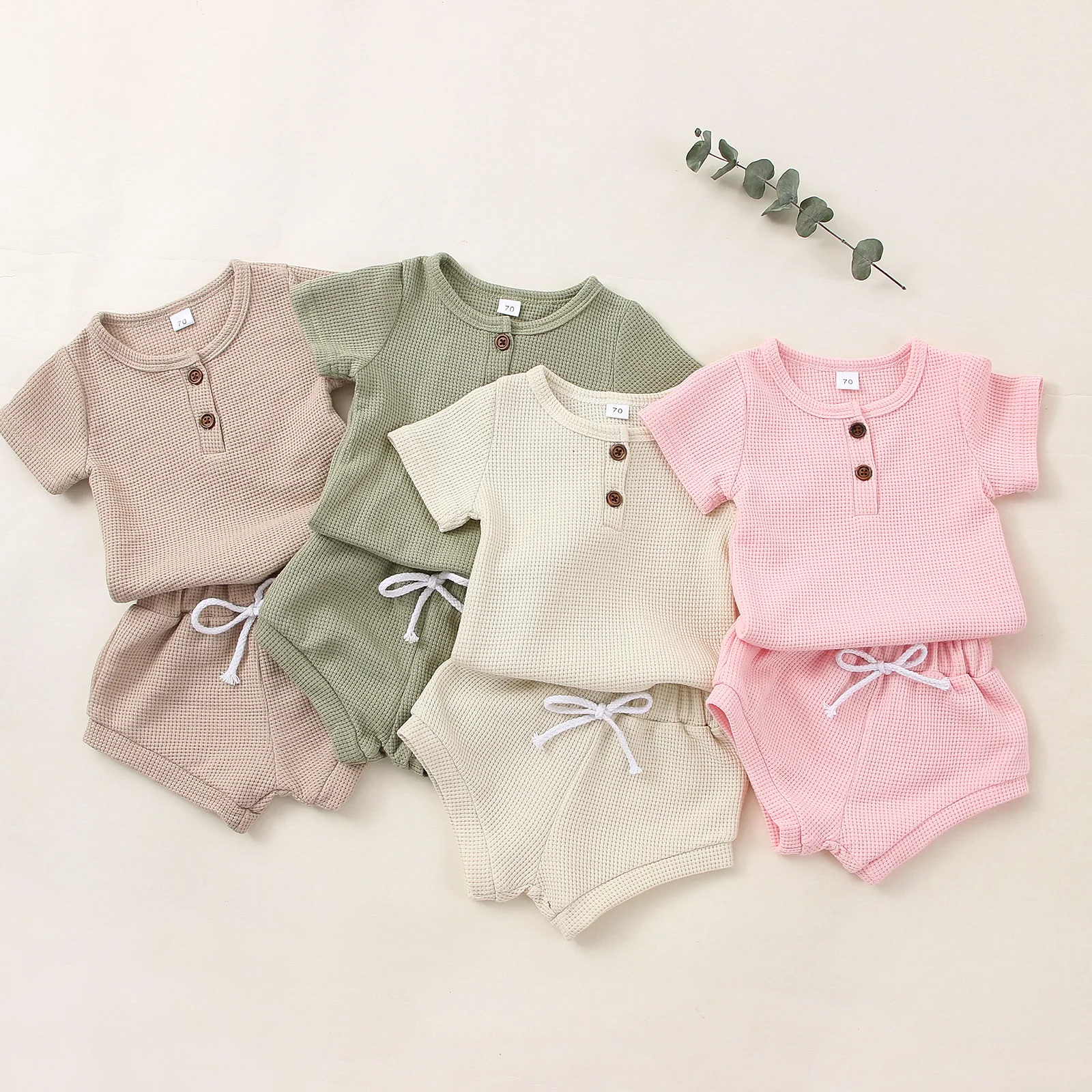 baby outfit matching set Infant Baby Girls Boys 2PCS Pants Suit, Short Sleeve Plain Buttons O-Neck T-Shirt, High Waist Tie-Up Triangle Short Pants Baby Clothing Set discount