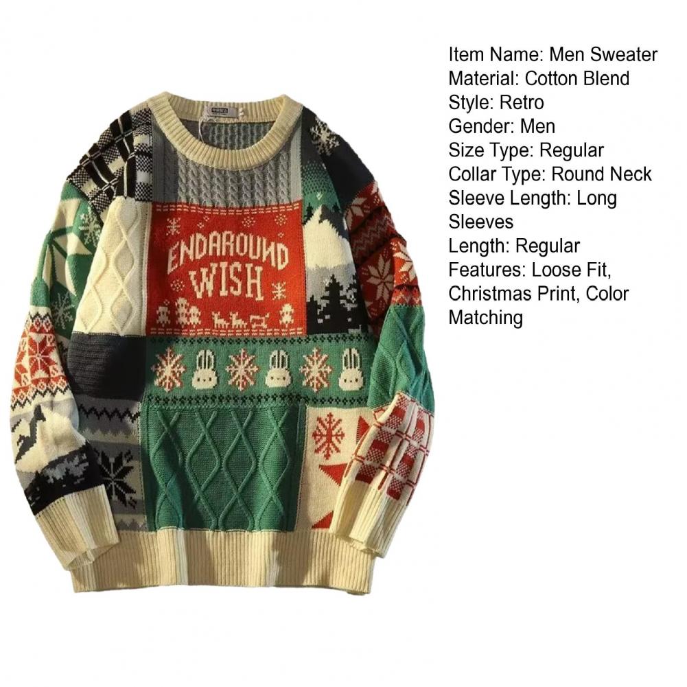 Description Picture 3 of itemColor-blocked Men Sweater Lightweight Long Sleeve Sweater Men's Retro Christmas Snowflake Print Knitwear Thickened for Autumn