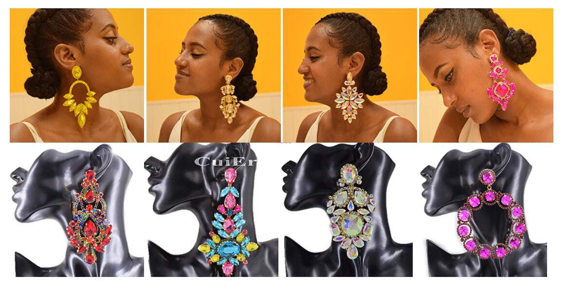 Clip on Huge Size Glass Strass Crystal Dangle Long Earring for Drag Queen Women Wedding Jewelry  Heavy Stage Accessories