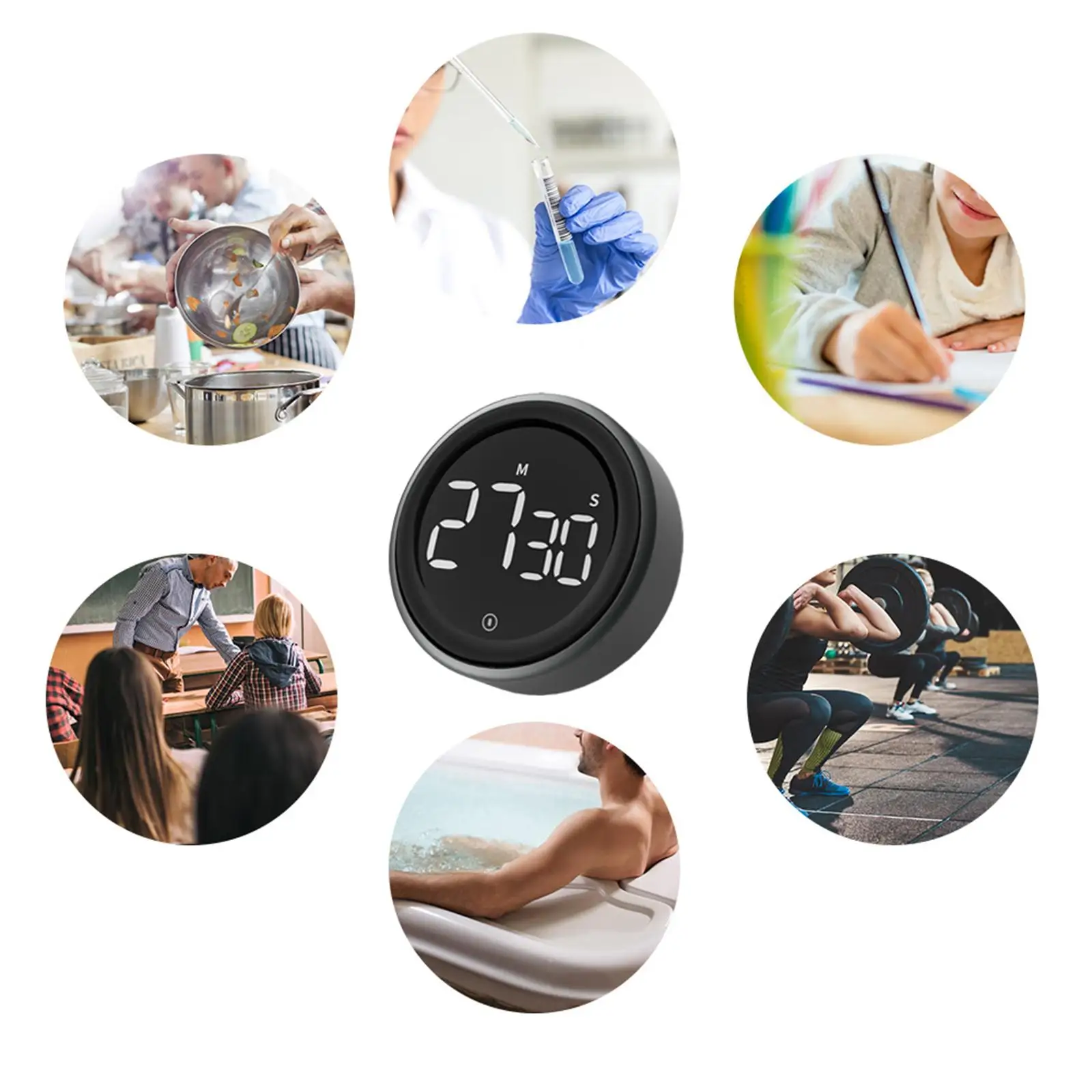 Round Digital Kitchen Timer Alarm Clock Countdown Silent Volume Adjustable Magnetic LED for Cooking Baking Bathroom Seniors Kids