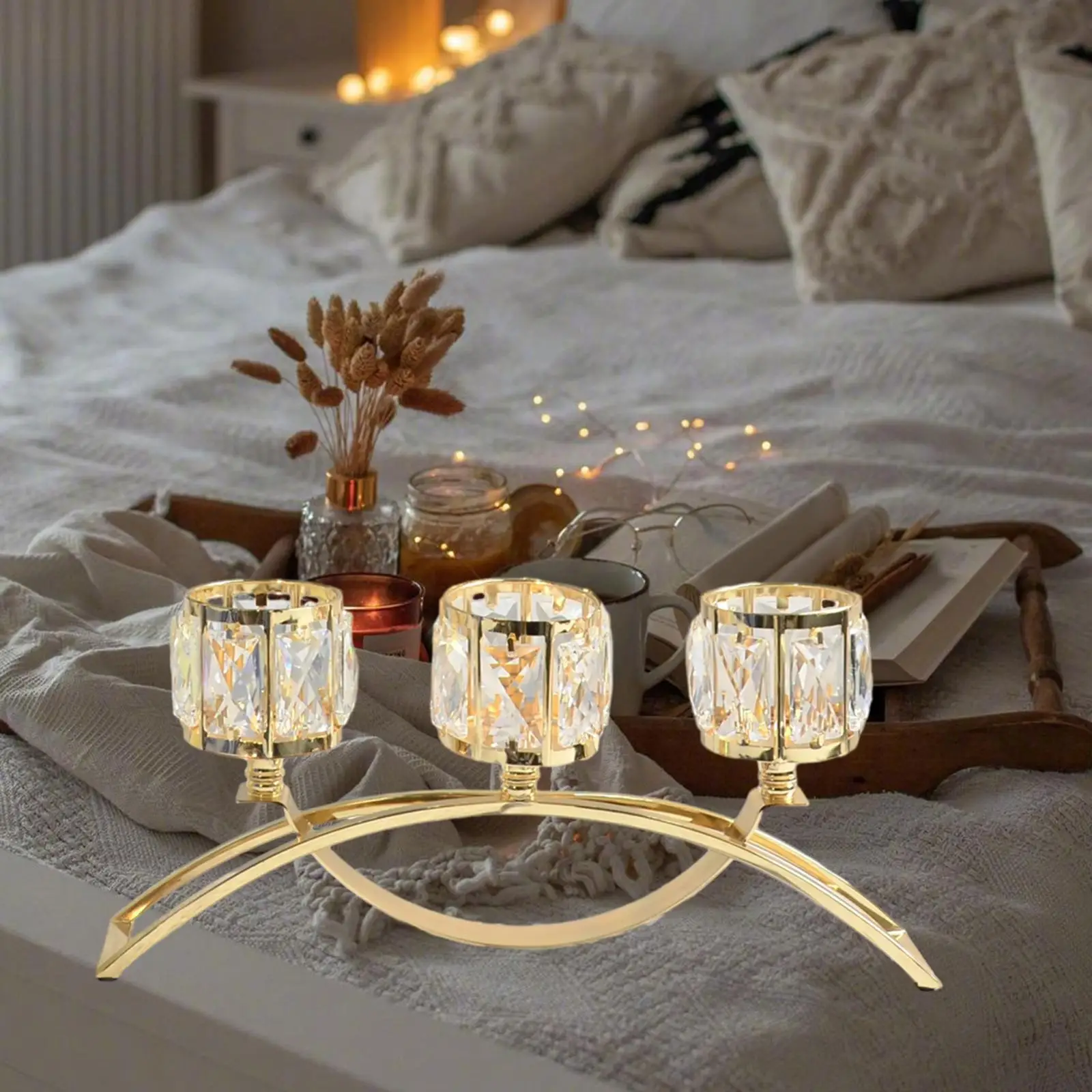 3 Arm Glass Bowl Tealight Candelabra European Decorative Votive Candlestick Holder for Bedroom Office Party Desktop Wedding