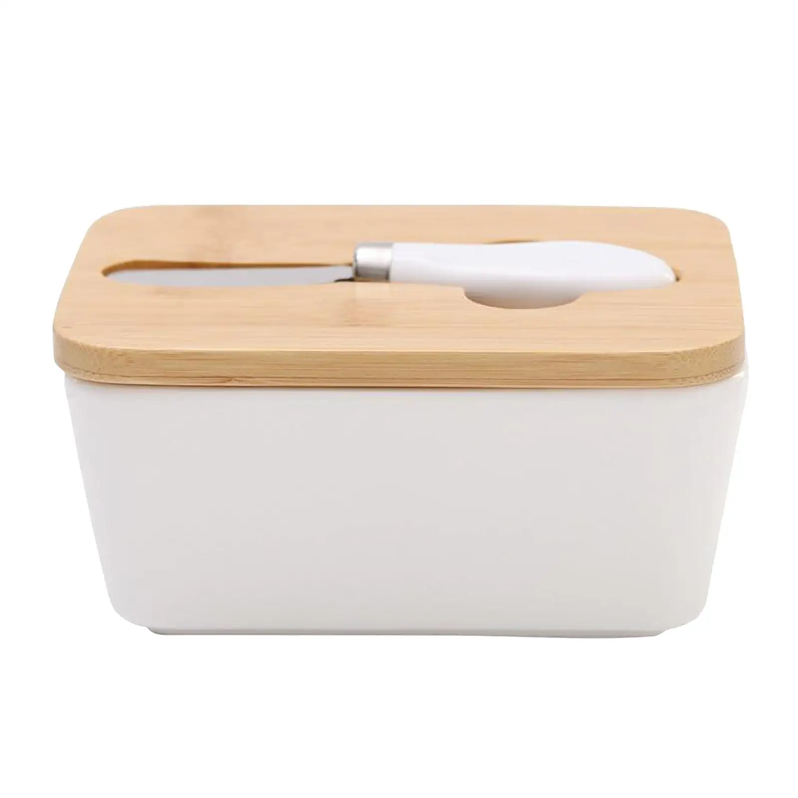 Butter Dish Ceramic Butter Container Keeper with Wooden Lid and Steel Knife, Eay to Clean, 2 Sizes Available to Choose