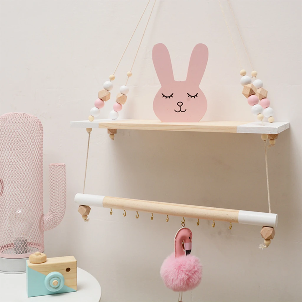 Handcrafted Shelf Kids Room Hanging Bead Shelf Nordic Style Nursery Decoration Wall Shelves Girls Clothes Storage Hanging Rack