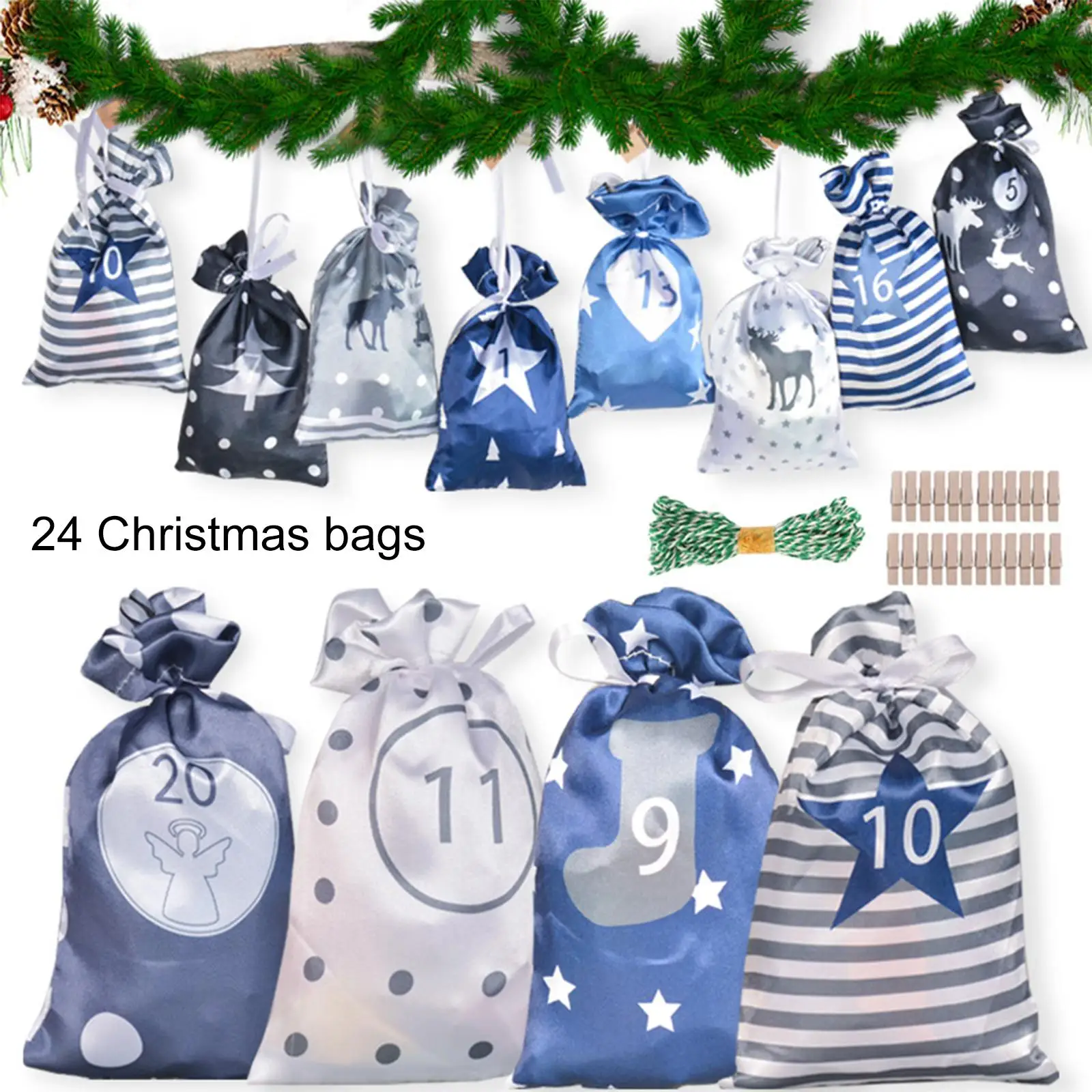 24Days Advent Calendar Bags Christmas Embellishments Pocket Set DIY Gift Reciprocal Decoration for Festival Tree Home Holiday