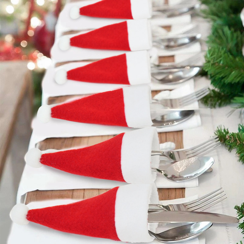 Description Picture 2 of item40PCS Mini Christmas Hat Tableware Knife Fork Storage Holder Bags Merry Christmas Party Dinner Wine Bottle Xmas Hats Decorations