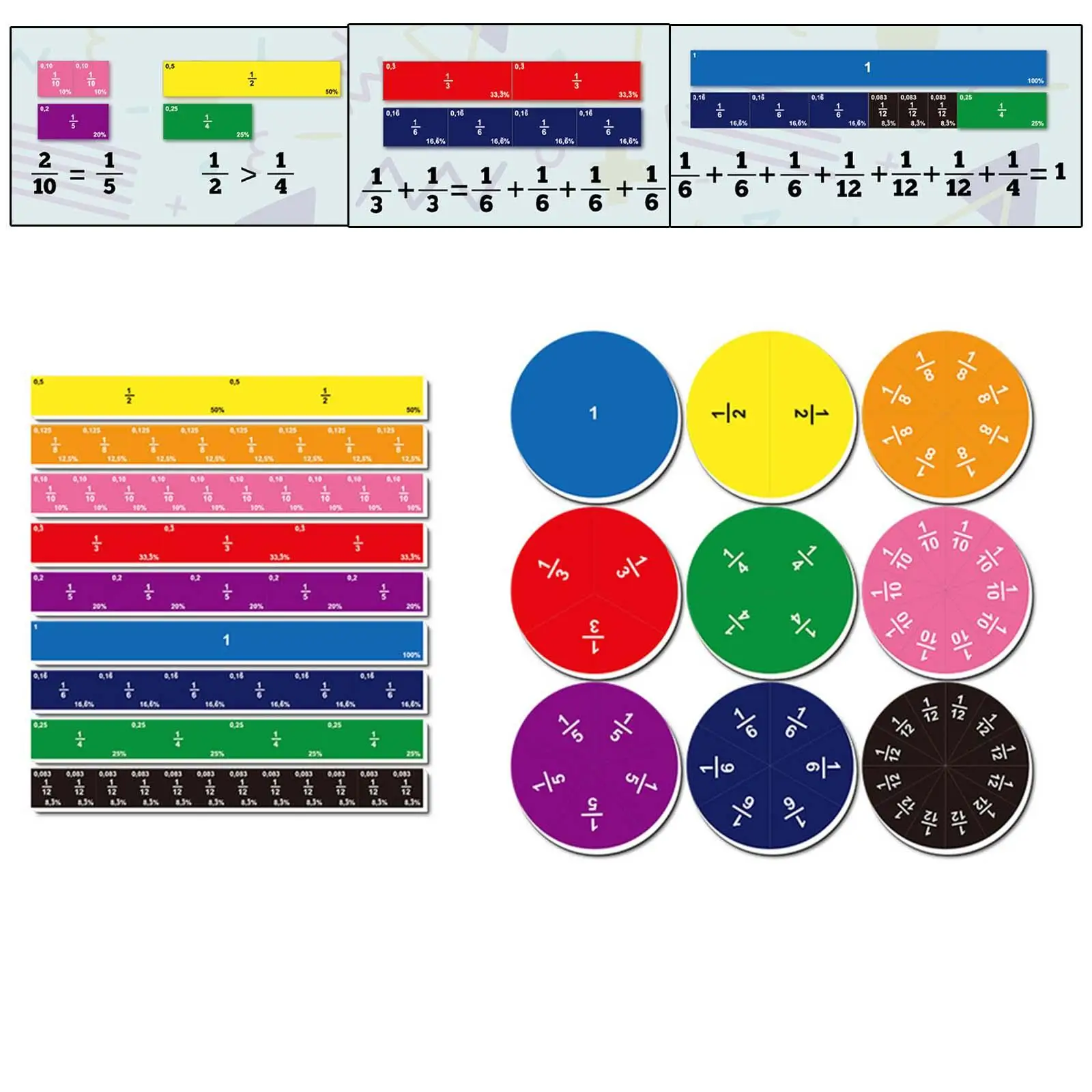 102x Montessori Fraction Toy Math Teaching Fraction Tiles and Circles for Children Girls