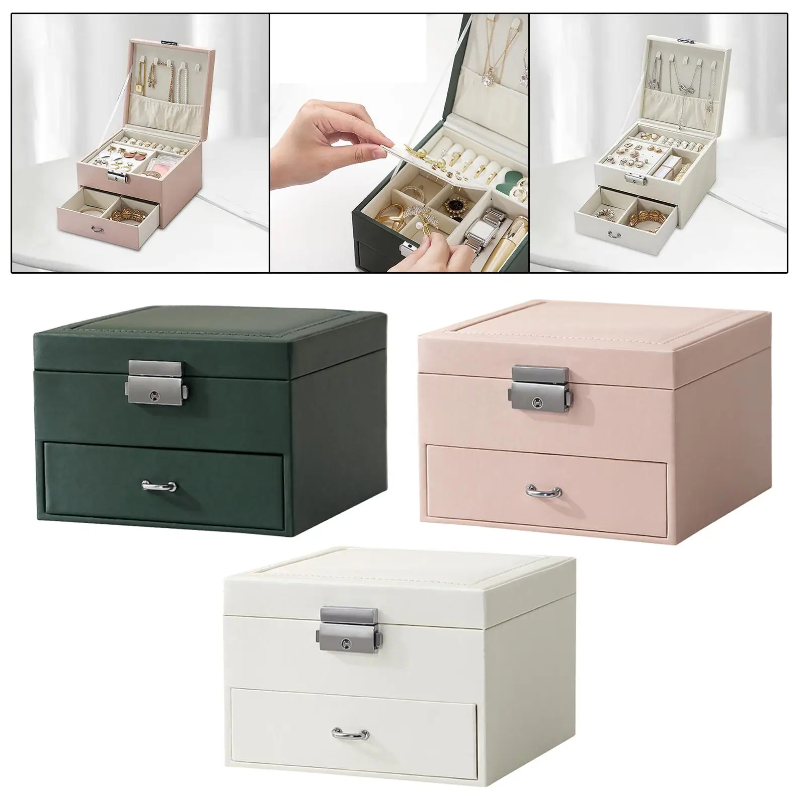 Locking Jewellery Box Organiser Bracelets 2 Layer Jewelry Storage Case