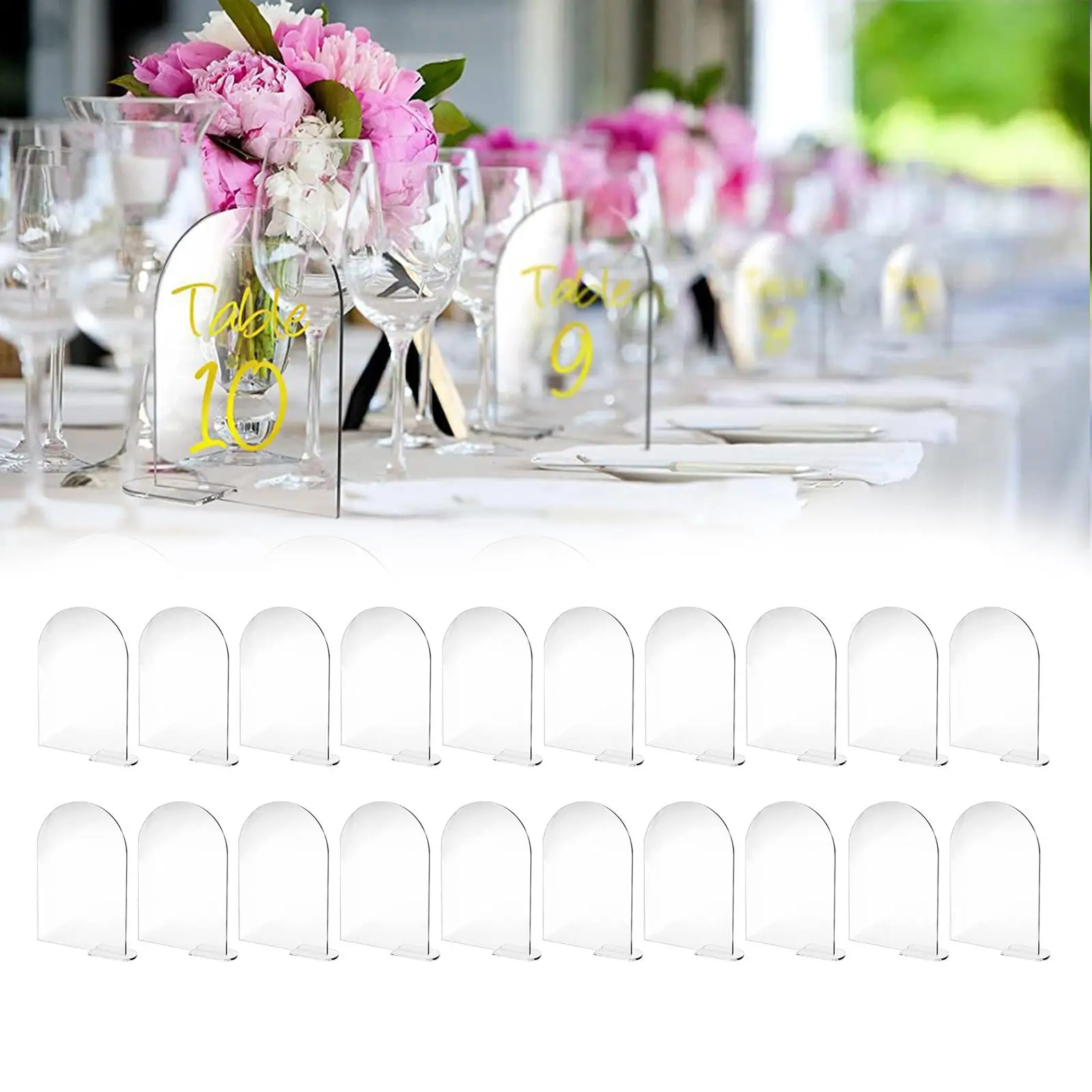 20Pcs Clear Acrylic Place Cards Hand Written with Stand Holder Display Arched Round Blank Menu Signs for Banquet Decoration