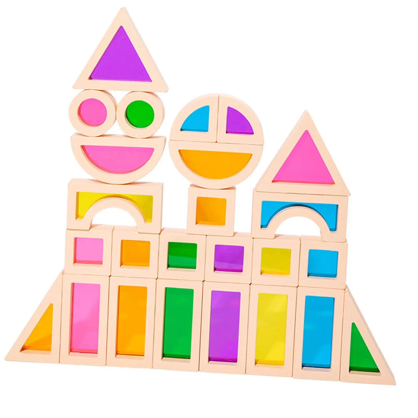 25Pcs Stacking Building Blocks Montessori Toys Construction Toys Colorful Geometry Sensory Toy Wood Rainbow Blocks for Preschool