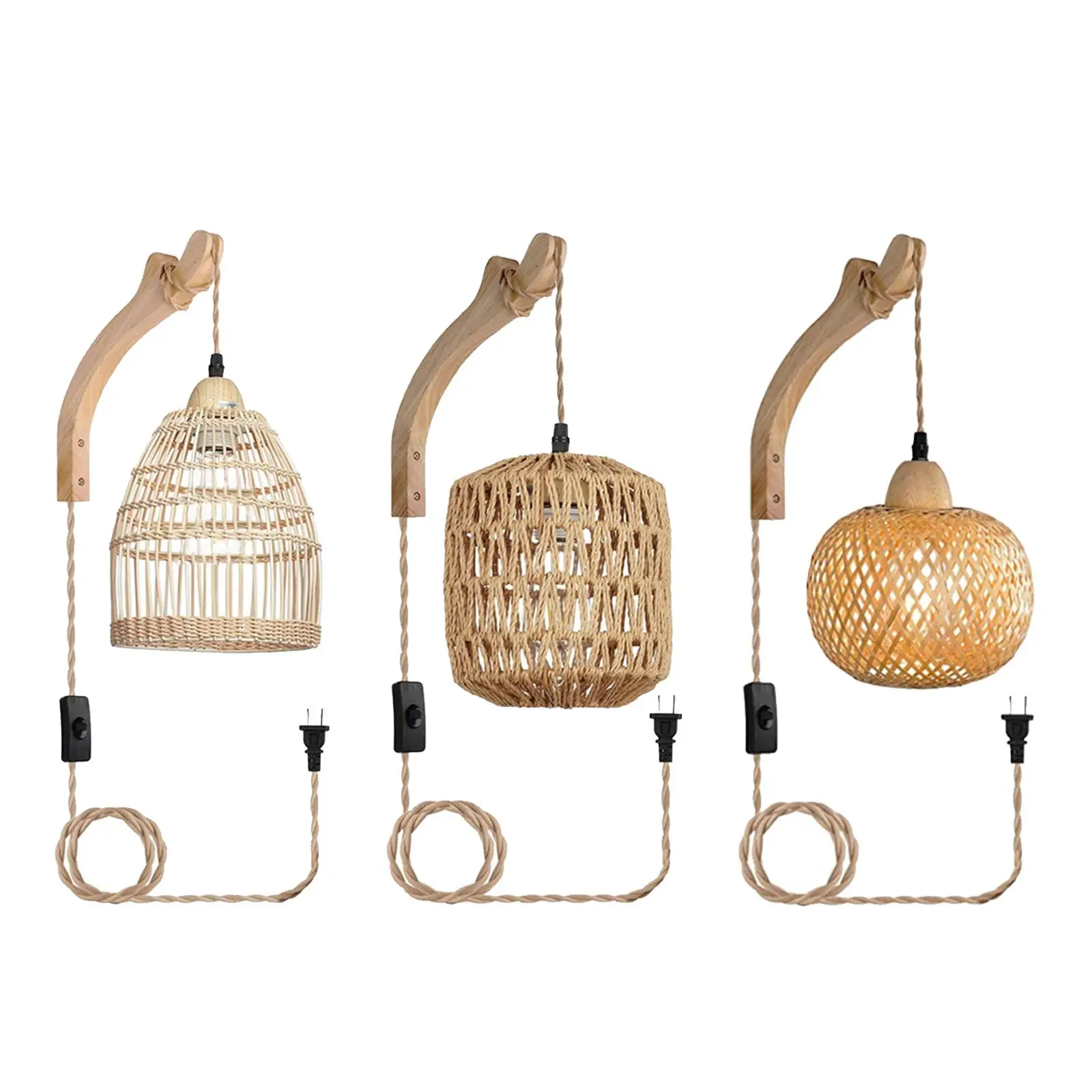Woven Hanging Light Fixture 9.84ft Adjustable Cord Rustic Wall Sconces Plug in Pendant Lights Plug in Ceiling Light for Hall