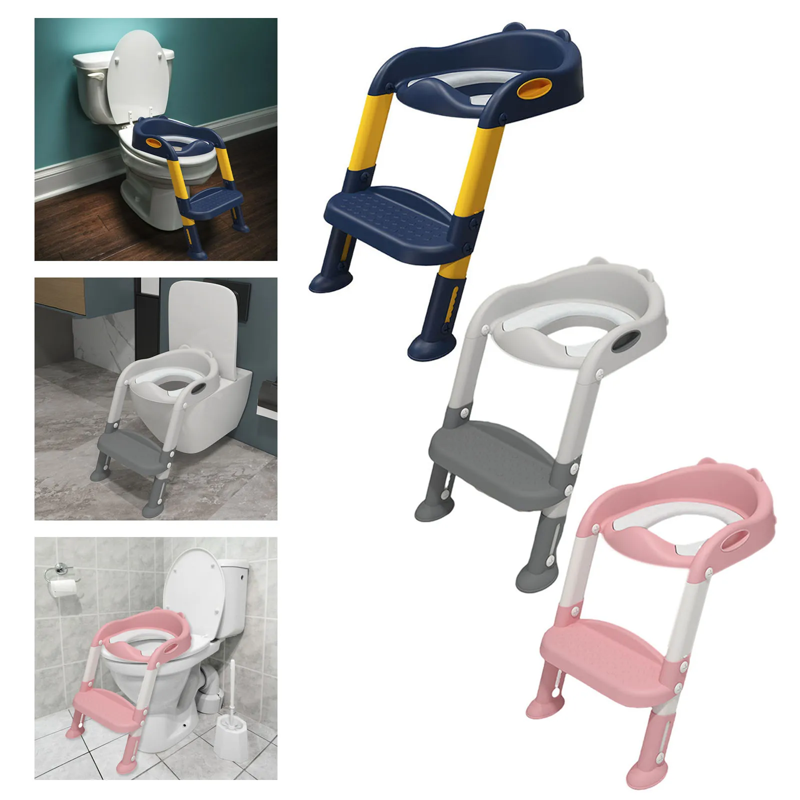 Children Toilet Seat Adjustable Step Stool with Handle Plastic Soft Pad Collapsible Potty Chair for Toddlers Children
