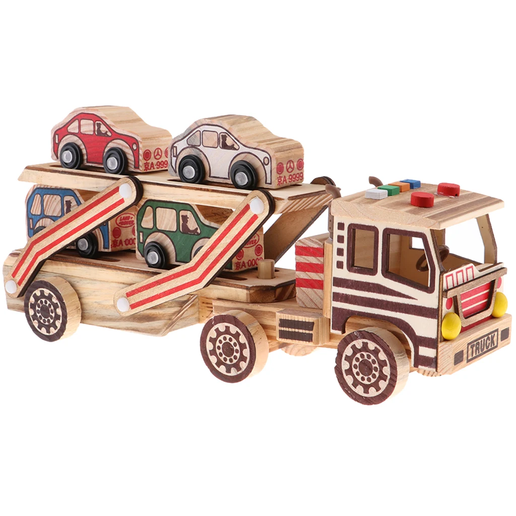 Multi-color 340x78x145mm Wooden Car Carrier Model Double Layers Children Vehicle