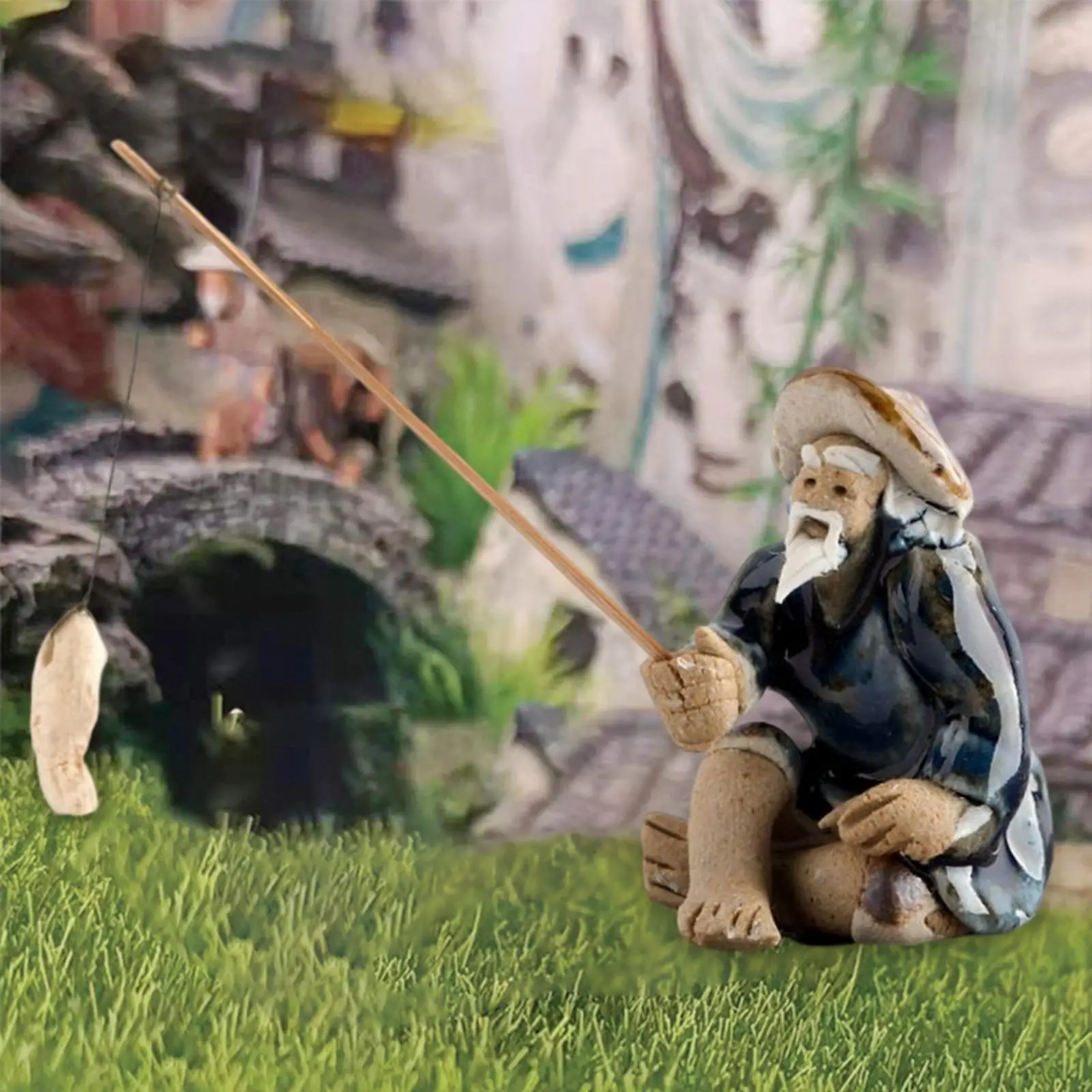 Miniature Fisherman Figurine Zen Ceramic Pottery Figure Statue for Micro Landscape Decoration Garden