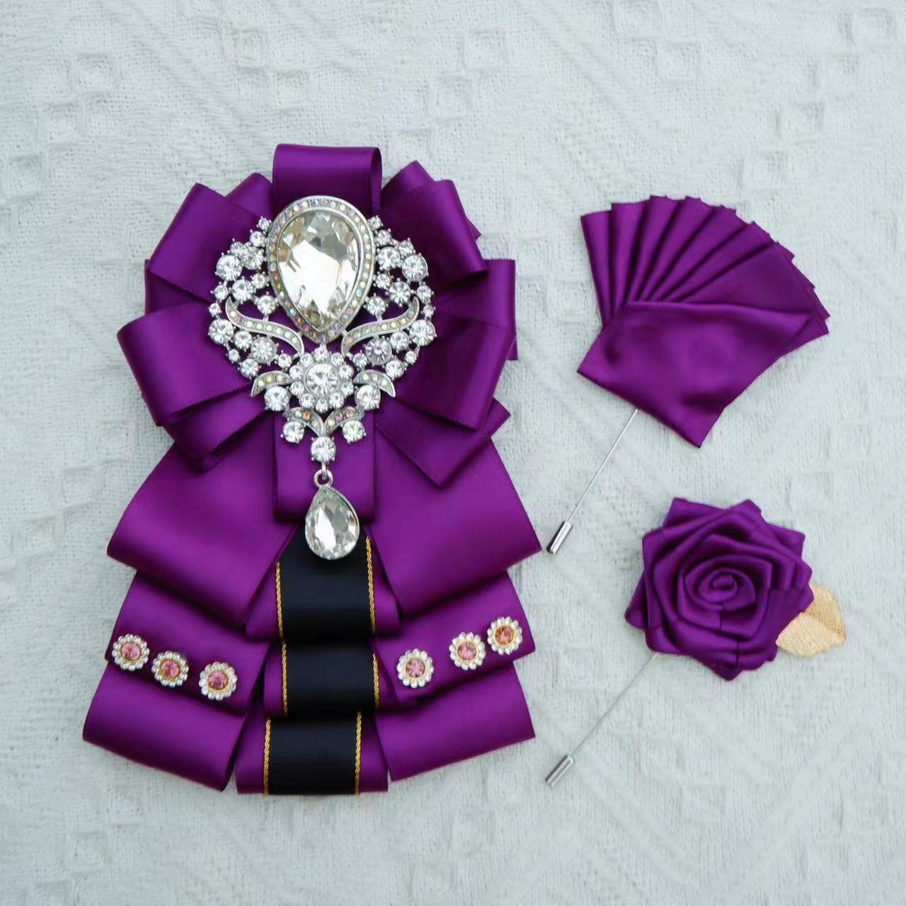 Handgefertigtes Herren-Hochzeits-Fliege-Set mit originellem Schmuck, britischer koreanischer Business-Anzug, Hemd, Strass-Kragen, Blumen-Taschen-Handtuchnadeln – Detail 1