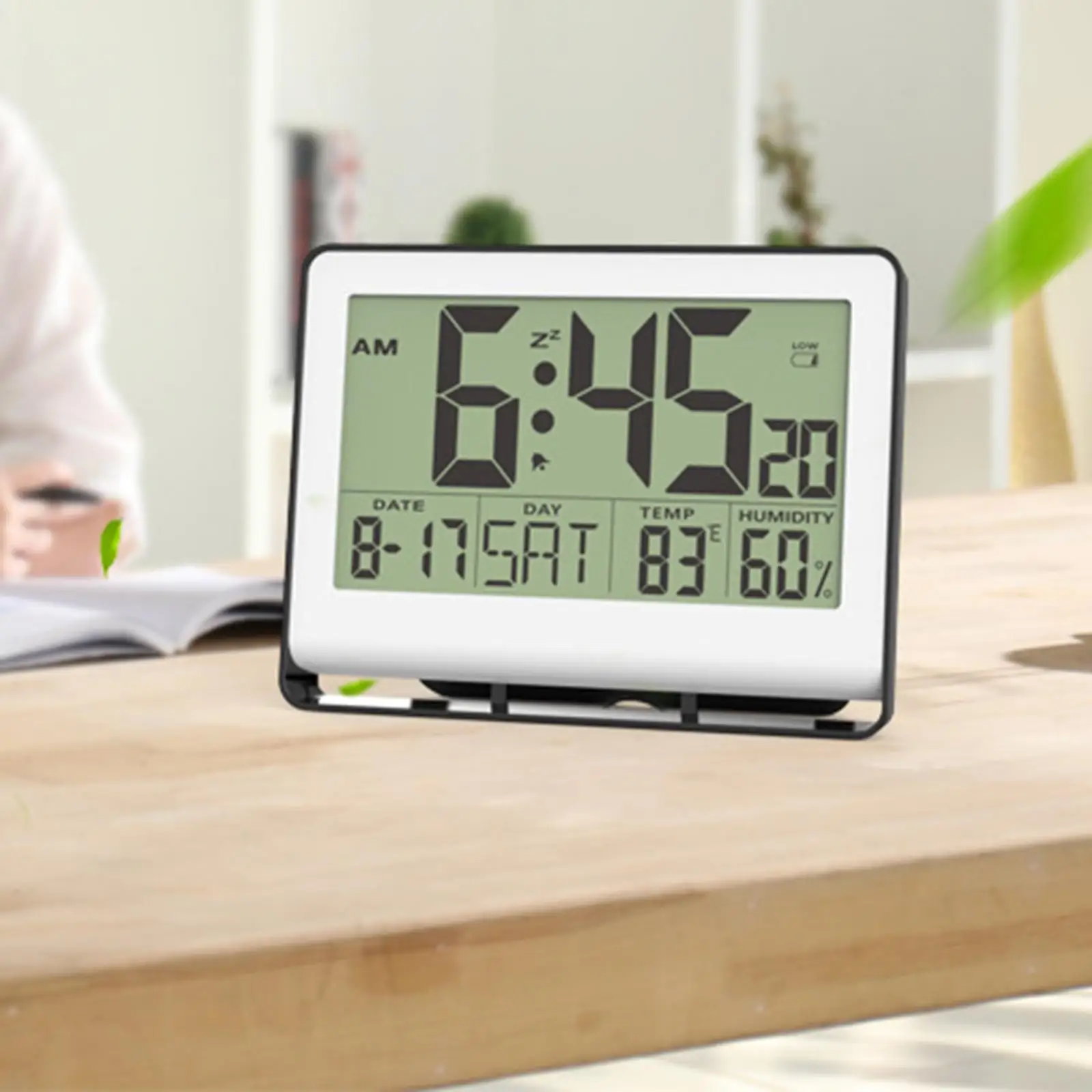 Alarm Clock Hygrometer Large LCD Display Temperature Meter Desktop Indoor Clocks for Bedroom, Office, Sleepers, Kids, Elderly