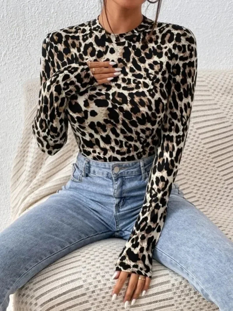 Leopard Print Bodysuit for Women - Sexy Tight Long Sleeve Stand Collar Top