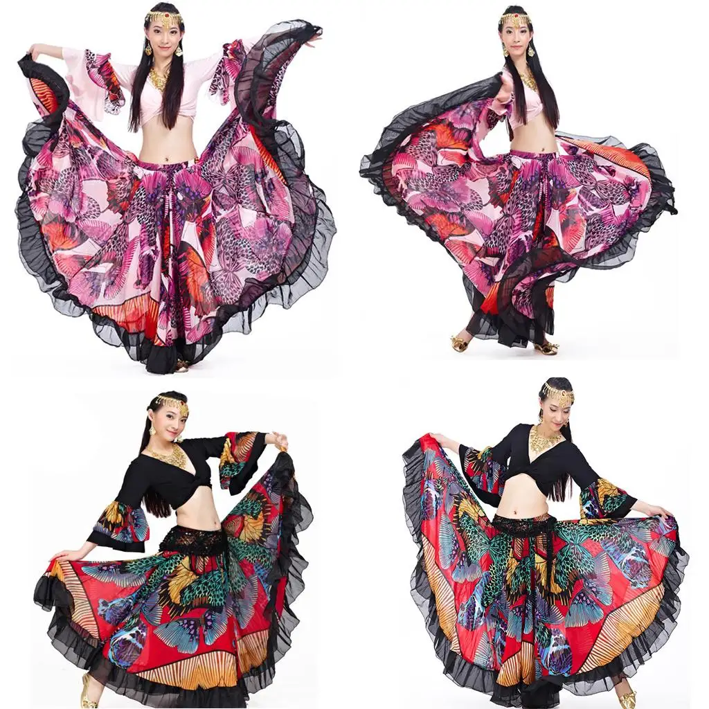 Womens Gypsy Butterfly Pattern Midi Flamenco Dance Swing Skirt+Chiffon Top