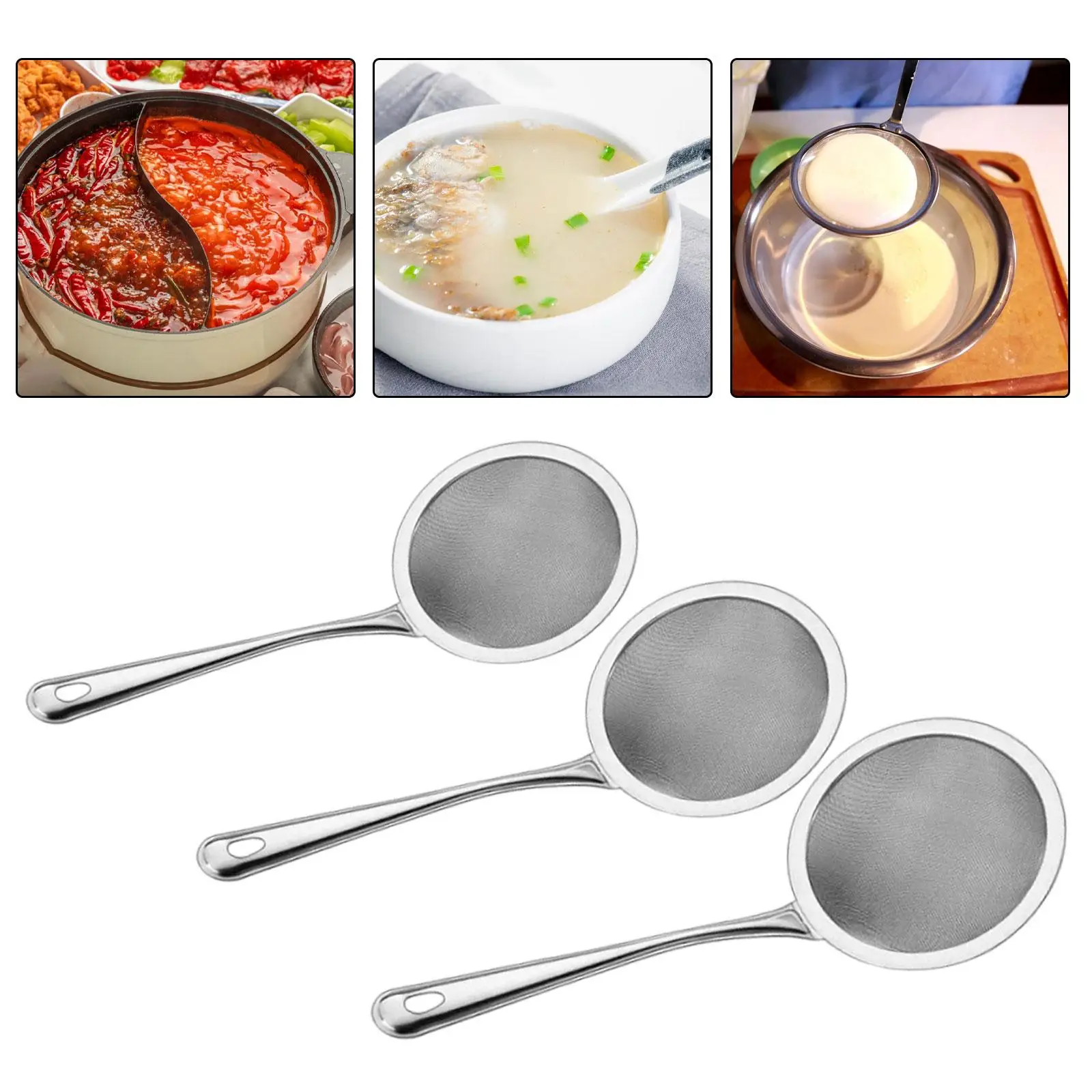 Stainless Steel Fine Mesh Food Strainer Sieve Sifter Hot Pot Skimmer with Long Handle