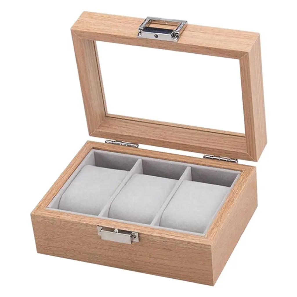Wood Wrist Watch Display Case Box W/ Jewelry Storage Organizer, 3 Slot Dividers Keeps Everything and Organized