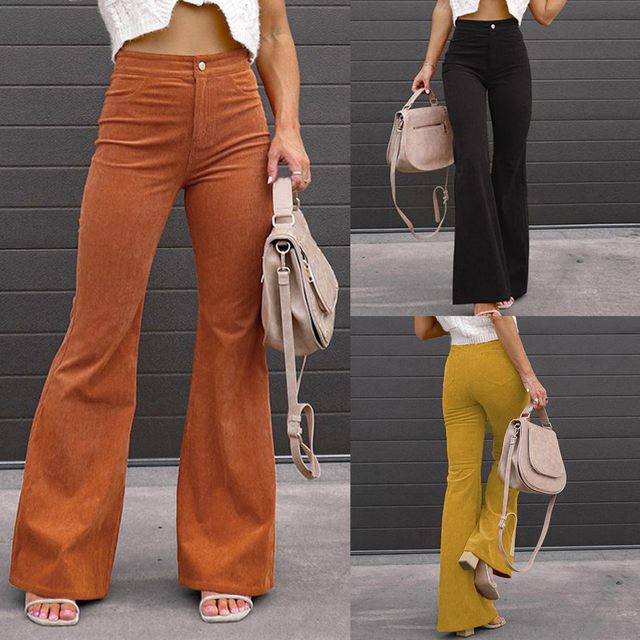 Corduroy Pants for Women Solid High Waist Flare Pants Casual