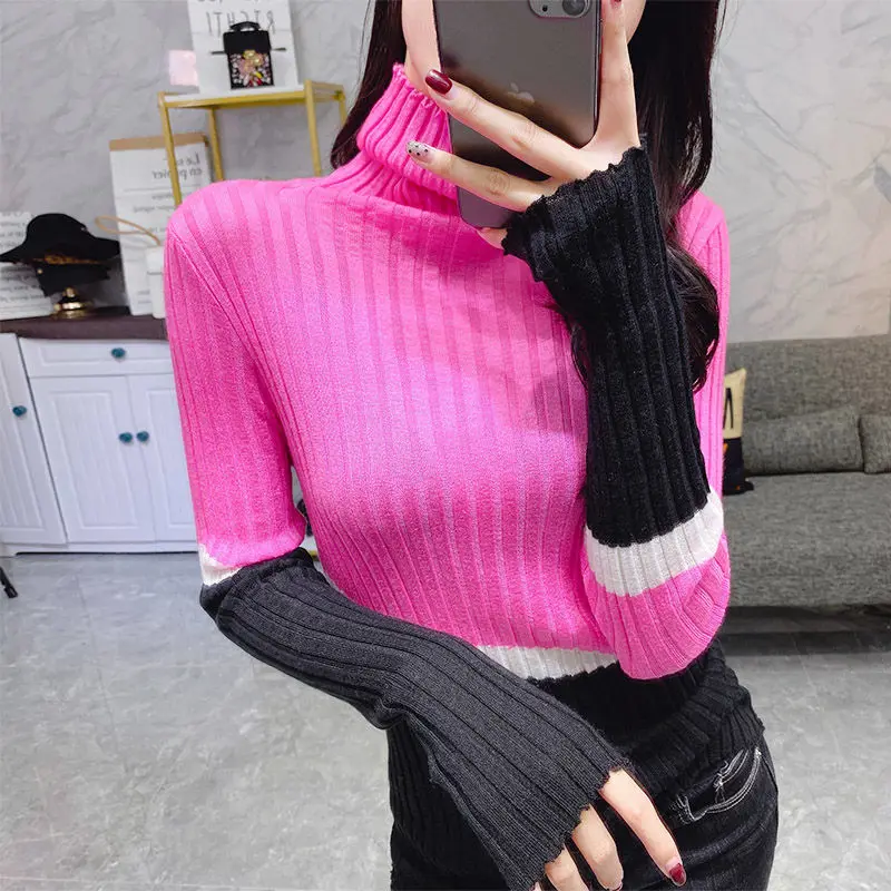 Stylish Turtleneck Knitted Spliced Loose Color Sweater Pullovers pink