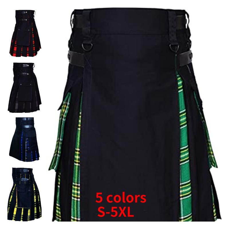 Kilts-Männer Plus Size Scottish Hybrid Black Cotton & Tartan Utility Kilts mit Lederriemen Kilts für Männer – Detail 5