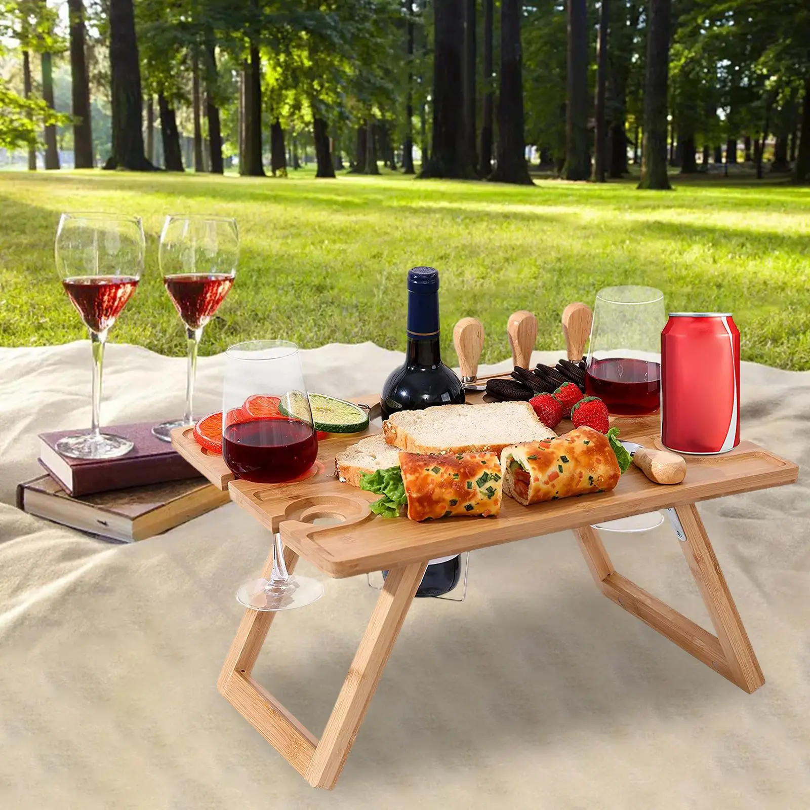 Outdoor Folding Picnic Table Portable Wooden Wine Table Wine Glass Rack Outdoor Food Wine Table for Garden Travel Beach Picnic