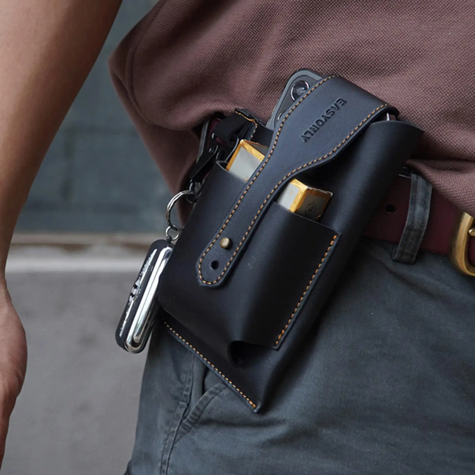 PU Men Waist Bag Multifunction W/ Belt Loop Hip Packs Cell Phone Holster Case Waist Purse Phone Bag with Key Holder 2 Pockets