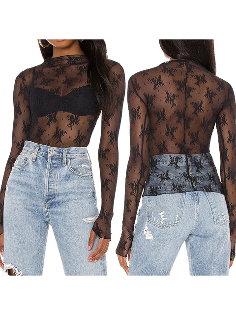 Sexy Lace Tops See Through Mesh Long Sleeve Crop Top Floral Sheer Fitted  Tees Y2k Women Top Shirt Blouse - AliExpress