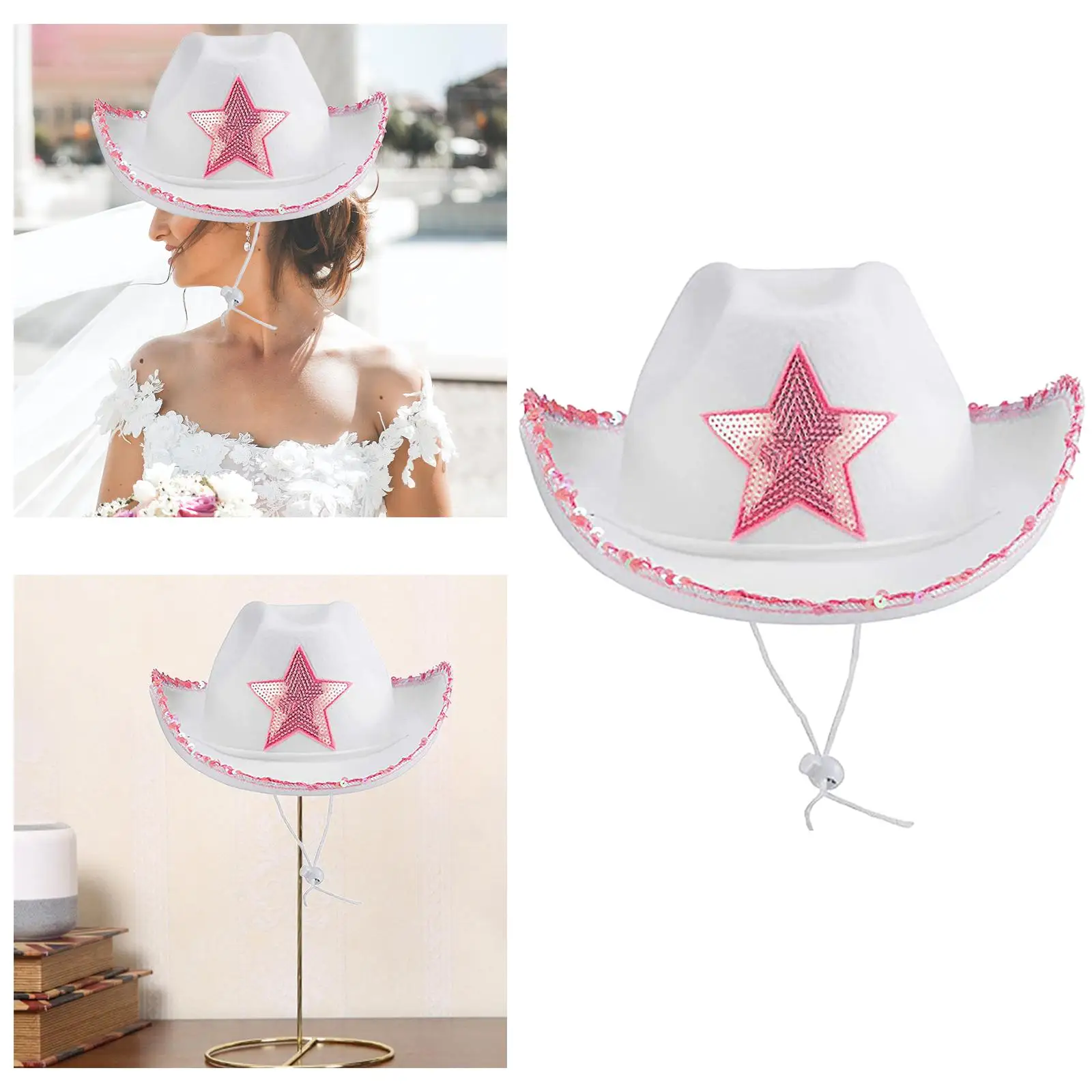 Novelty  Hat with Tiara Adjustable Neck Draw String White Felt Western Cowboy Hat for Women Ladies Dress up Fancy Dress Party